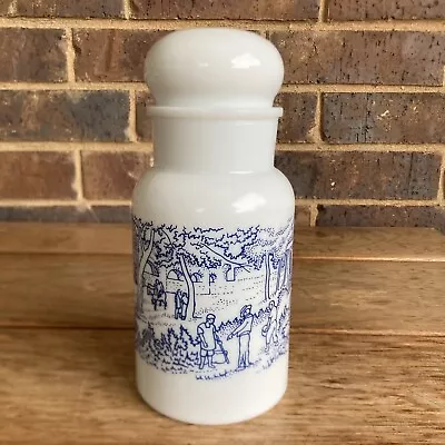 Vintage Belgium Blue And White Village Milk Glass Spice Apothecary Jar With Lid • $24