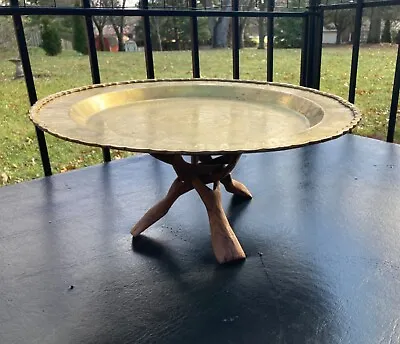 Vintage Mid-century Hong Kong Brass Tray Wood Carved Table Display Stand 16” • $69