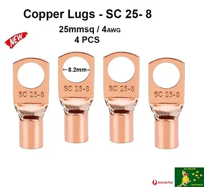 Cable Lugs X 4 25mmsq/4Awg Ring M8 Eyelet Copper Tube Electrical Cable Terminals • $9.80