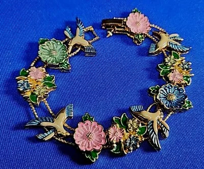 Vintage Enameled Hummingbird & Flowers Slide Bracelet  • $18