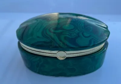 Malachite Green Porcelain Trinket Box W Gold Rim • $55