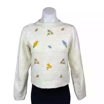 MNG Women's Cream Embroidered Floral Crew Neck Long Sleeve Sweater Top Size S • $32.99