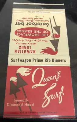 Vtg Queens Surf Matchbook Cover Barefoot Bar Tiki Torch Waikiki Beach Hawaii • $5.99