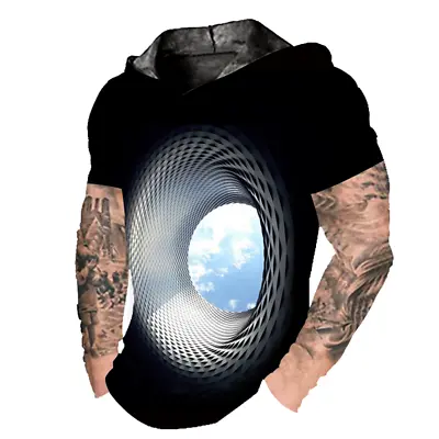 Men's Hoodie T Shirt Short Sleeve 3D Optical Illusion Black Soft LightWeight Tee • $19.98