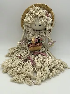Vintage Mop Head Doll W/Hat & Flower Basket Pink Ribbons • $12