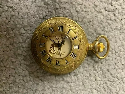 Men's Majestron Pocket Watch--Gold Tone-Quartz-Buck Seen In Center-Needs Battery • $24.95