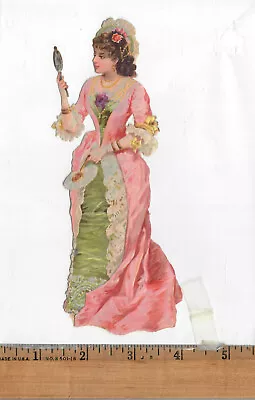 Victorian Die-cut Large Scrap - Elegantly Dressed Woman Holding Mirror 2.5 X7  • $12.50