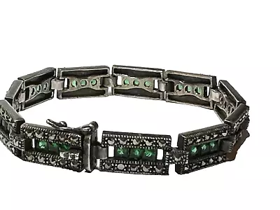 Antique Vtg ART DECO 925 Sterling  Link Bracelet MARCASITE Emerald Glass 7 1/4  • $69