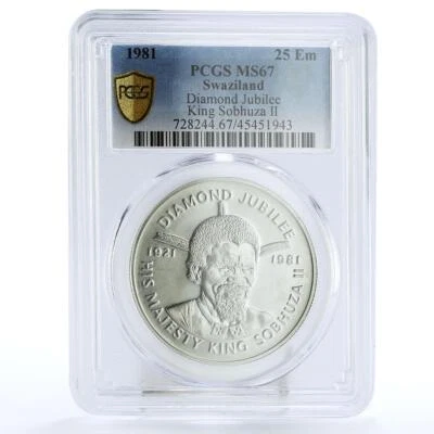 $249.47 • Buy Swaziland 25 Emalangeni Diamond Jubilee King Sobhuza MS67 PCGS Silver Coin 1981