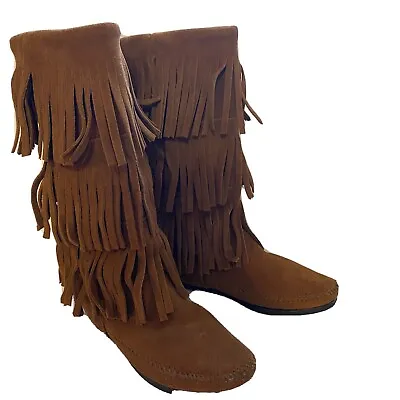 Minnetonka Size 6 Womens Boots 3 Layer Triple Fringe Brown Suede Leather Flat • $28.79