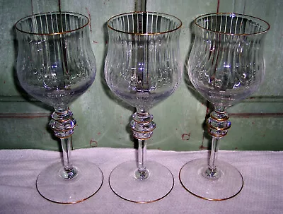3 Murano T 3-Wafer Stem Optic Gold Trim Crystal Wine Glasses Goblets Venetian • $25
