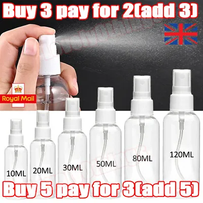 5-200ml Transparent Spray Bottle Plastic Refillable Small Travel Mist Empty • £3.19