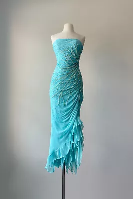 Vintage 1990s Y2K Sky Blue Beaded Strapless Prom Bridal Mermaid Gown Dress XS/S • $227