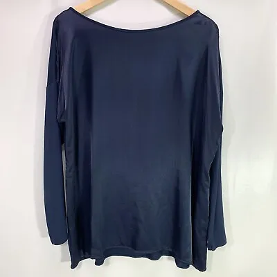 J Jill Blouse Tops Satin Woven Shirt Long Sleeve Navy Blue Size Large Petite NWT • $15.99