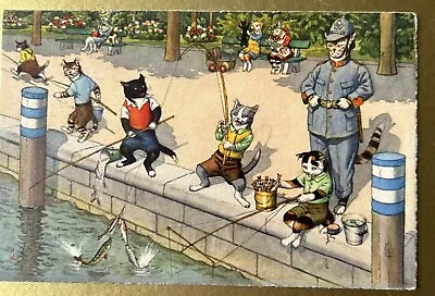 Postcard MAX KUNZLIL Zurich Anthrorphic CATS Fishing Policeman Watches No 4742 • £6