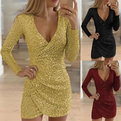 $25.16 • Buy V-neck Sequin Mini Dress Party Evening Dresses Bodycon Party Dress Ball Gown