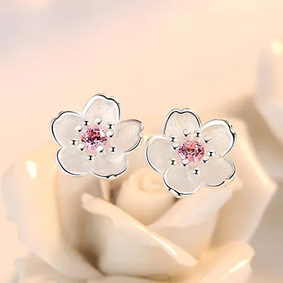 Pink Crystal Flower Earrings Stud 925 Sterling Silver Women Girls Jewellery Gift • £3.39