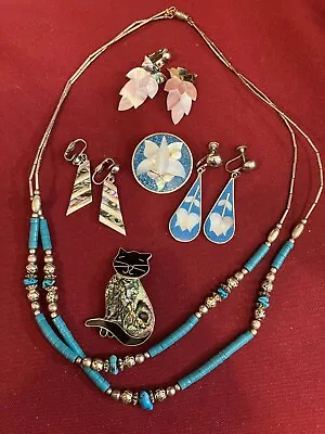 Silver Inlay Jewelry & Turquoise Necklace Cat Brooch ALPACA Vintage • $20