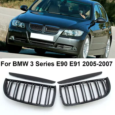 For BMW 3 Series E90 E91 2005-2007 Front Grill Grille Gloss Black Double Line • $26.99