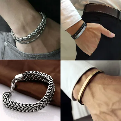 £5.99 • Buy Mens Bracelet Leather Wristband Braided Stainless Silver Layer Cuban Chain Women