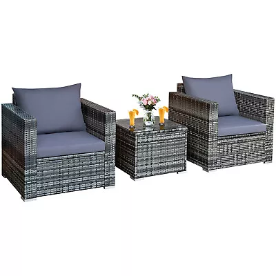 3 PCS Patio Rattan Furniture Bistro Set Cushioned Sofa Chair Glass Table Garden • $219.95