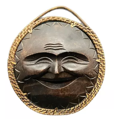 Carved Dark Brown Wood Laughing Face Wall Hanging Wicker Trim • $24