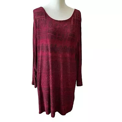 Vikki Vi Long Length Tunic Top Scoop Neck Slinky 3/4 Sleeve Aztec Geo Maroon 2x • $30.04