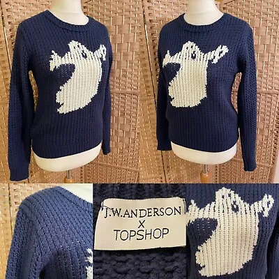 JW ANDERSON Topshop Navy Blue CHUNKY KNIT White GHOST Jumper UK 8 OVERSIZED 36” • £59.99