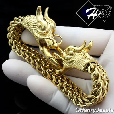 $33.99 • Buy 9 BIKER Stainless Steel Double Dragon Head Gold Plated Franco Box Cuban Bracelet