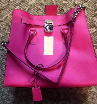 Michael Kors Large Hamilton Leather Bag Purse Raspberry With Silver Trim • $80