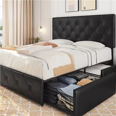 Upholstered Bed With Adjustable Headboard/4 Storage Drawers/2 Built-in USB Ports • $219.98