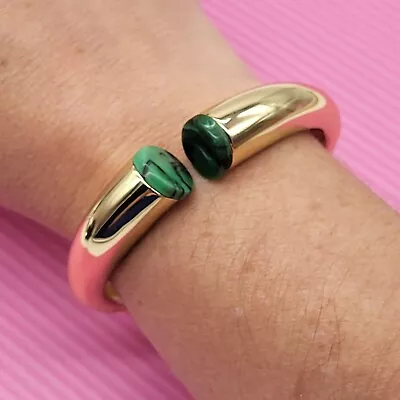 Vince Camuto Gold Tone Cuff Hinged Bracelet Green Marble Acrylic • $25