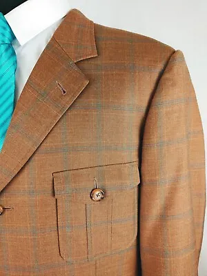 Elevee Mens 44/46XL Custom Light Brown Wool Teal Plaid Blazer Sport Coat Jacket • $99.95