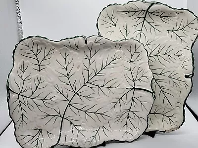 Pair Charles Meigh Green White Cabbage Leaf Rectangular  Plates 26x20cms C. 1850 • £55