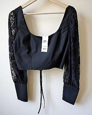 Ex Miss Selfridge Black Puff Cuff Sleeve Lace Up Back Crop LinedTop Size 4-12 • $7.40