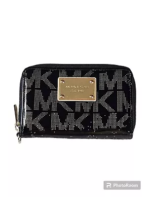 Michael Kors Item Logo Patent Black Leather Bifold Zip Around Wallet • $35