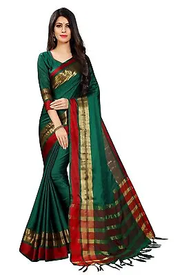 $38.86 • Buy Indian Women's Traditional Silk Blend Strip Saree With Unstitched Blouse_Green