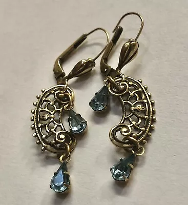 Vintage Germany Earrings Golden Tones With Blue Crystals  • $28