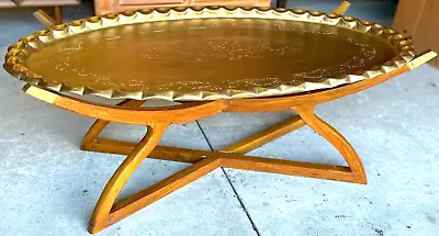 Mid Century Moroccan Etched Brass Oval Coffee Table On Teak Spider Legs • $399