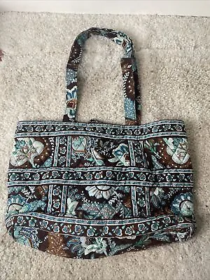 Vera Bradley Tote Java Blue Brown Large Tic Tac Paisley Floral Quilted Purse Bag • $24.74