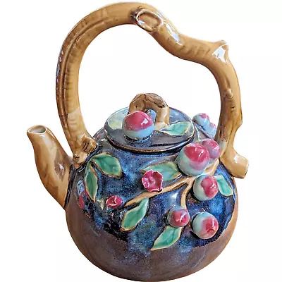 Majolica Blueberries Vines Teapot Leaves Art Pottery Handcrafted Drip Glaze VTG • $43.68