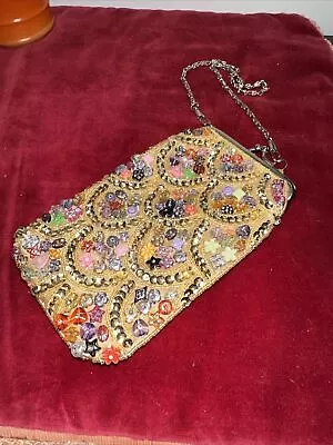 Retro Vintage LA VIOLA Gold Satin & Beading Evening Clutch/Purse/Hand Bag Pouch • $42.95