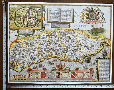 £12 • Buy Old Antique Tudor Poster Map Sussex, Chichester: Speed 1600's 15.5  X 12 Reprint