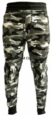 Mens Camouflage Slim Fit Joggers ZIP POCKETS Bottoms Jogging Shiny Cuffed • £9.99