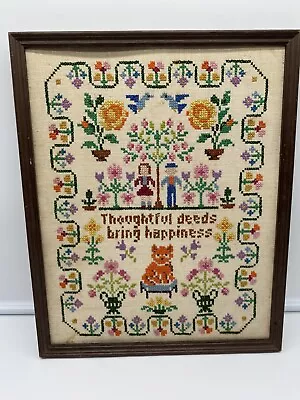 Vintage Framed Cross Stitch Picture Thoughtful Deeds Bring Happiness 12x15 • $31.49