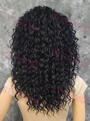 Black Add Volume Medium Spiral Curly Heat OK Human Hair Blend 3/4 Wig EVBW • $72.85