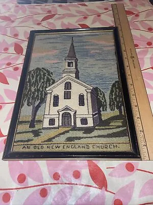 Vintage Hand Crewel Embroidered Needlepoint Picture Framed New England Church • $35