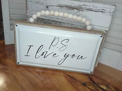 Farmhouse PS I Love You More Enameled Sign Boho Beaded Cottage Wedding Romantic  • $16.99