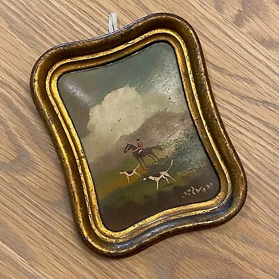 Miniature Small Painting Of Huntsman And Hounds Hunting Oil ~ Signed Original • £49.95