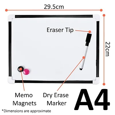 A4 WHITEBOARD & ERASER PEN SET Dry Wipe Magnetic Memo White Notice Hanging Board • £4.98